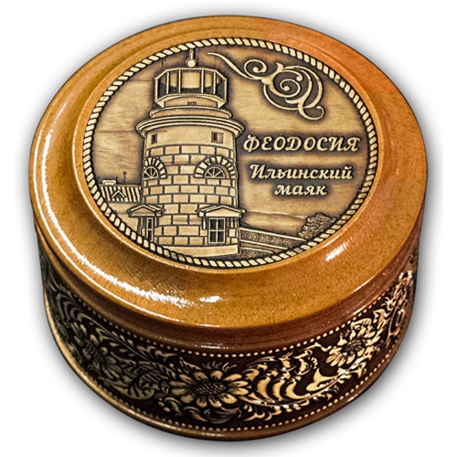 Шкатулка деревянная круглая с накладками из бересты Феодосия-Ильинский маяк 70х46